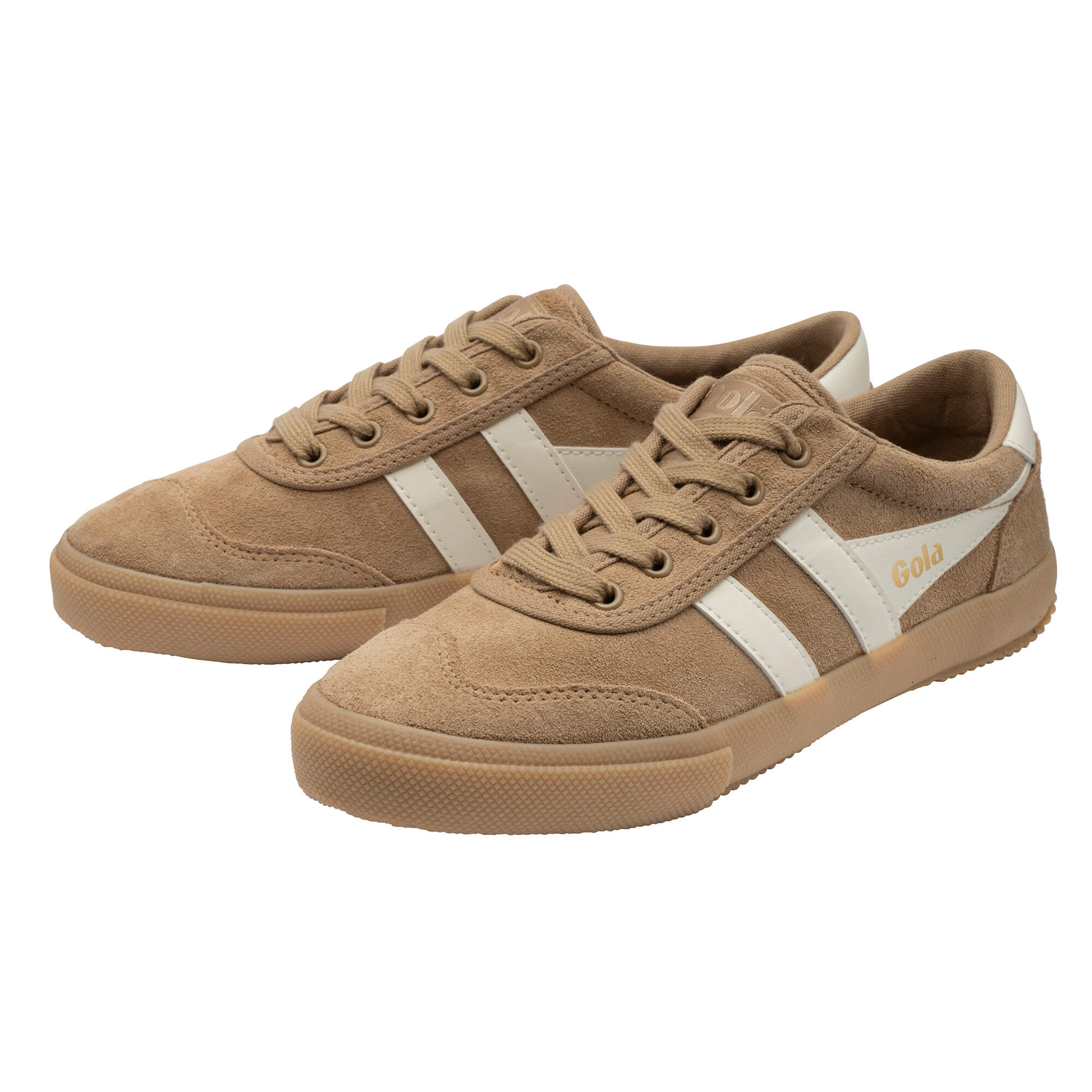 Pair of Gola Daytona suede trainers in tan with white stripes and tan laces