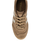 Top-down view of a Gola trainer in brown suede with white stripes and laces
