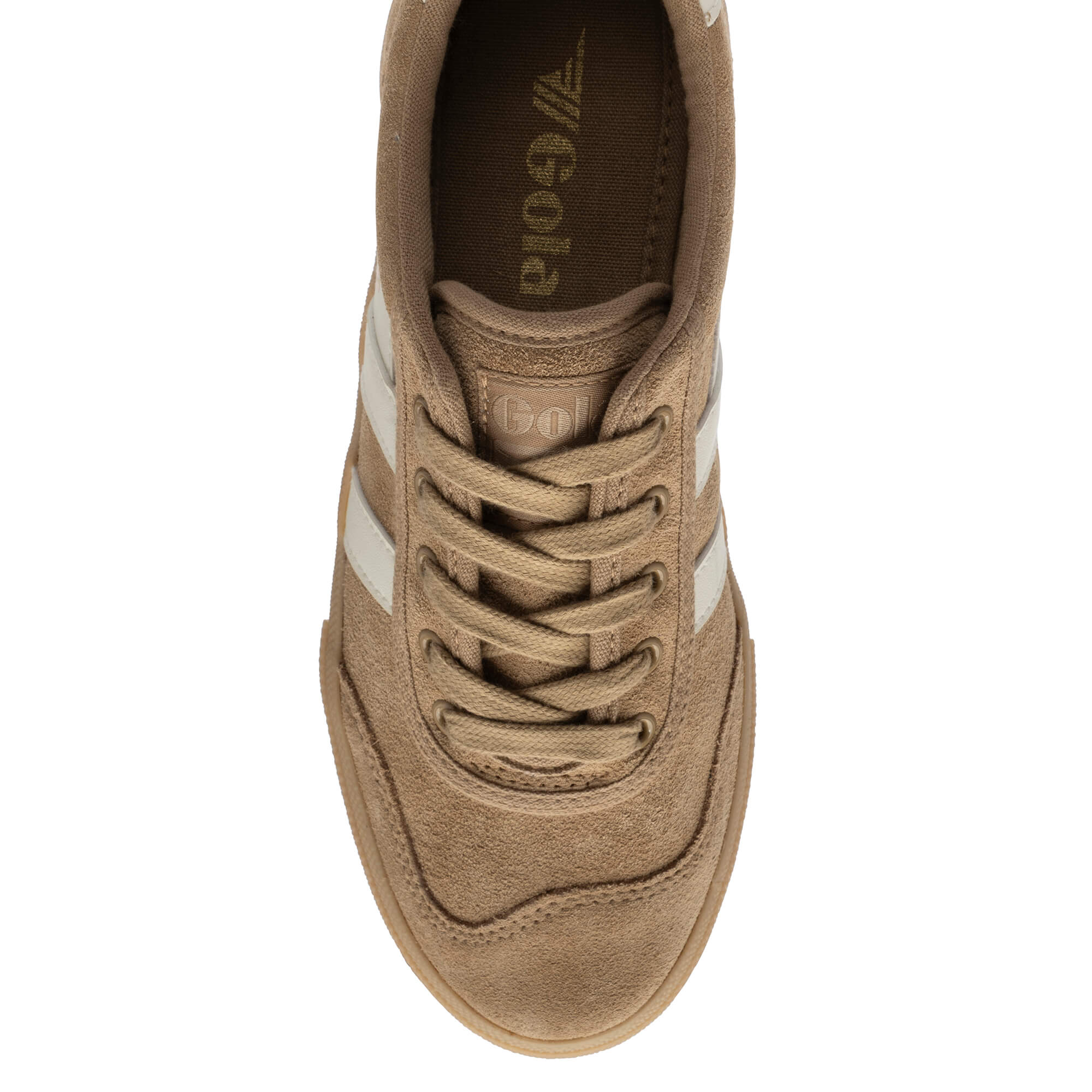 Top-down view of a Gola trainer in brown suede with white stripes and laces