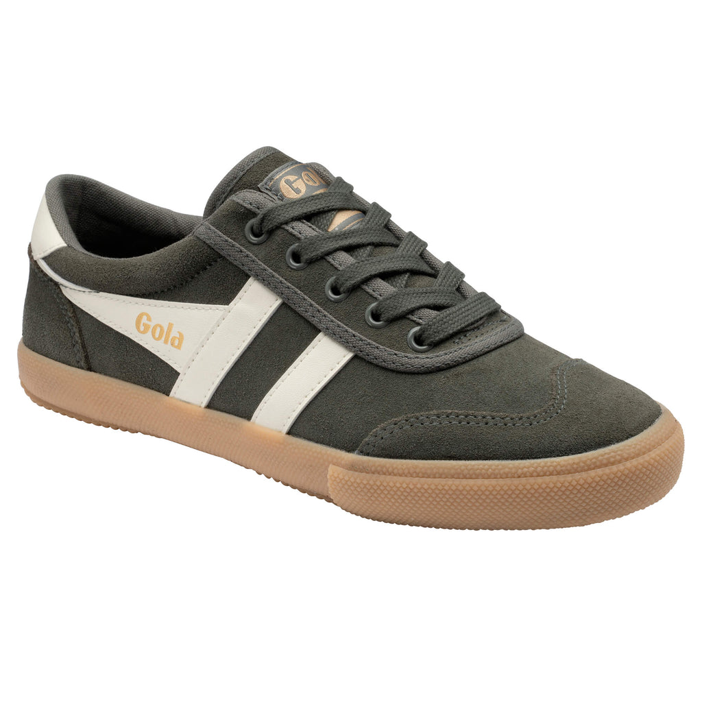 Gola men's low-top trainer in dark green suede with white stripes and a gum sole