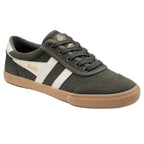 Gola men's low-top trainer in dark green suede with white stripes and a gum sole