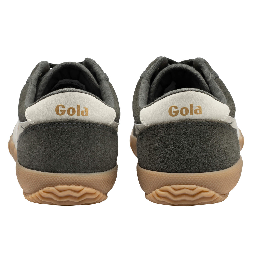 Rear view of two dark green Gola trainers with white heel tabs and brown soles