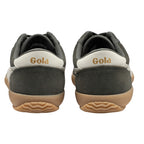 Rear view of two dark green Gola trainers with white heel tabs and brown soles