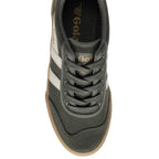 Top down view of a dark green Gola trainer with white stripes and a gum sole
