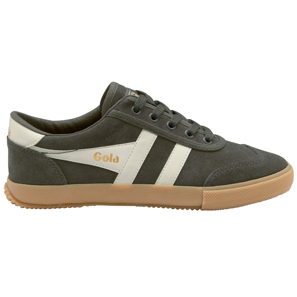 Gola men's Harrier suede trainers in dark green with white stripes and a gum sole