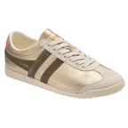 Gola women's trainer in gold with olive green stripes and a pink heel tab