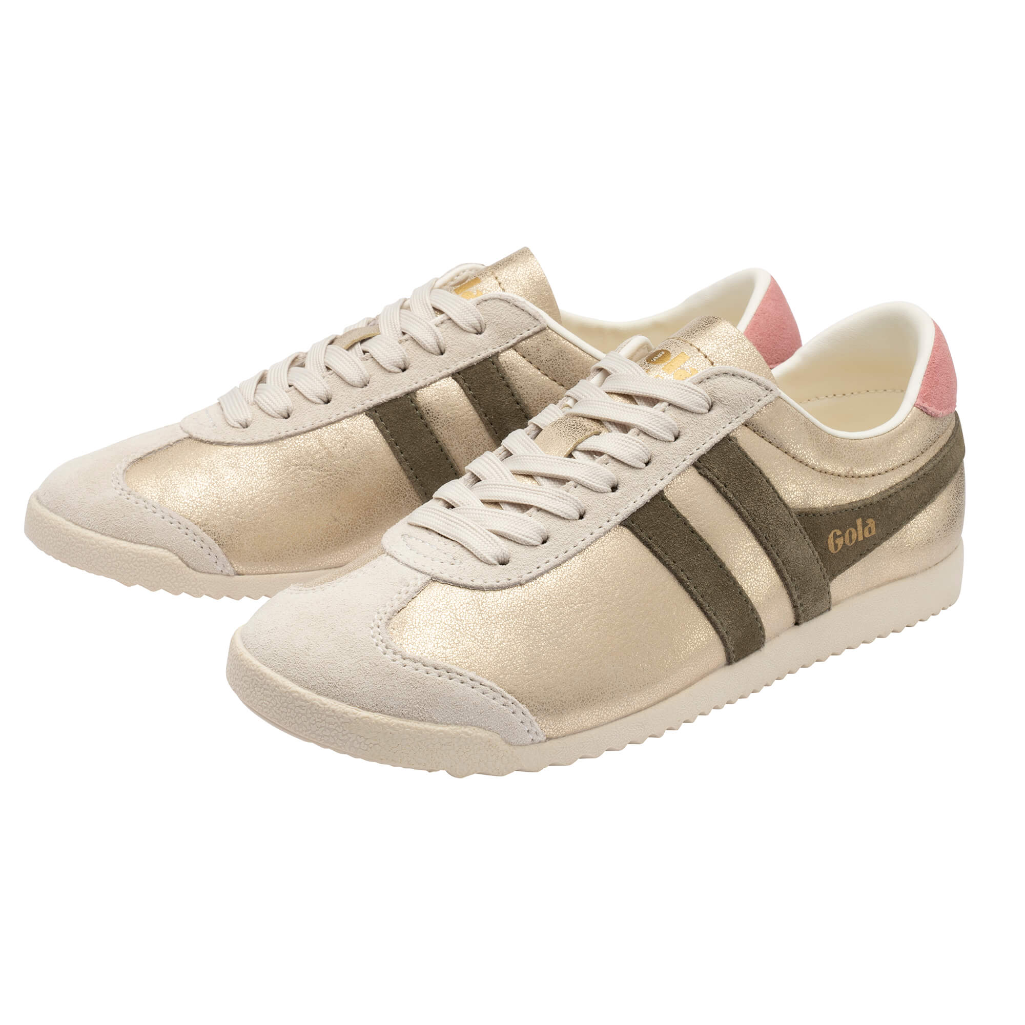 Pair of Gola Coaster trainers in gold with olive green stripes and pink heel trim