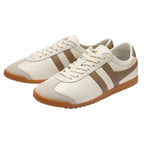 Pair of Gola Harrier trainers in off-white with brown stripes and gum sole