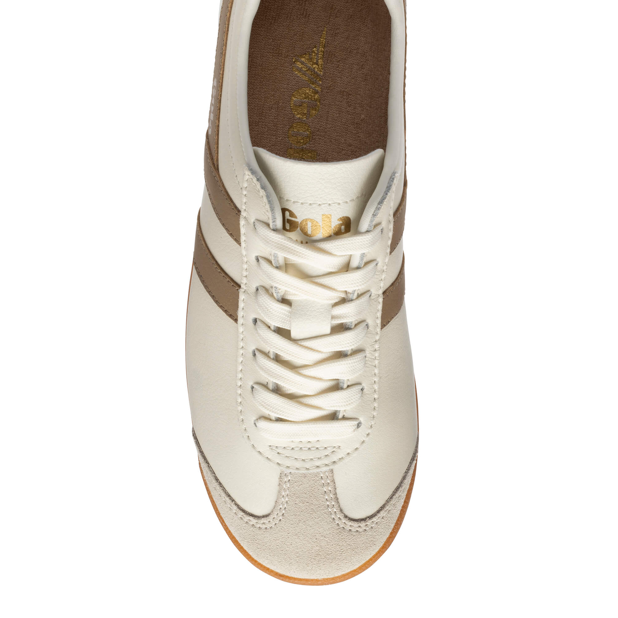 Top-down view of a Gola trainer in off-white with brown stripes and laces