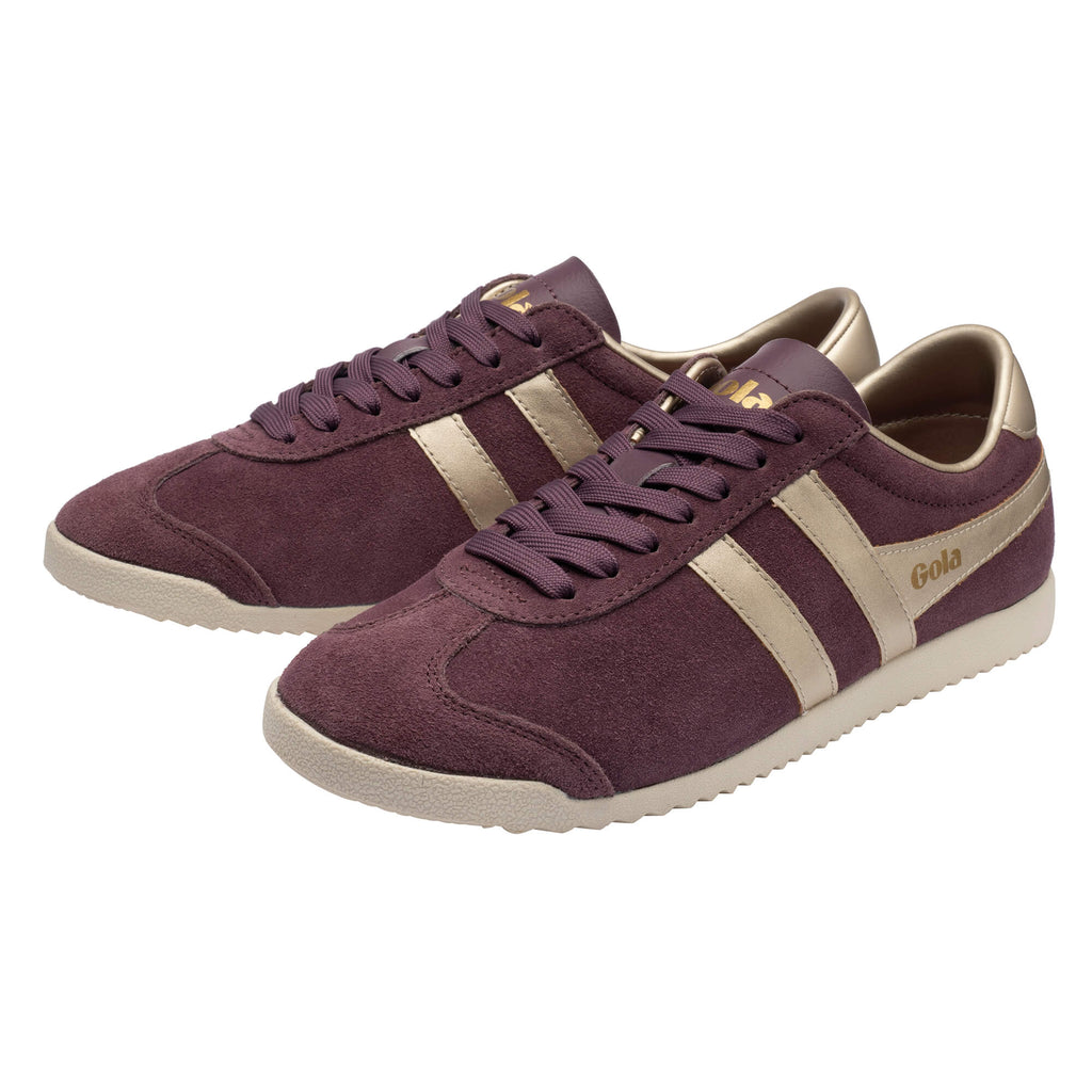 Pair of Gola Harrier trainers in burgundy suede with gold stripes and cream soles
