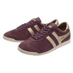 Pair of Gola Harrier trainers in burgundy suede with gold stripes and cream soles
