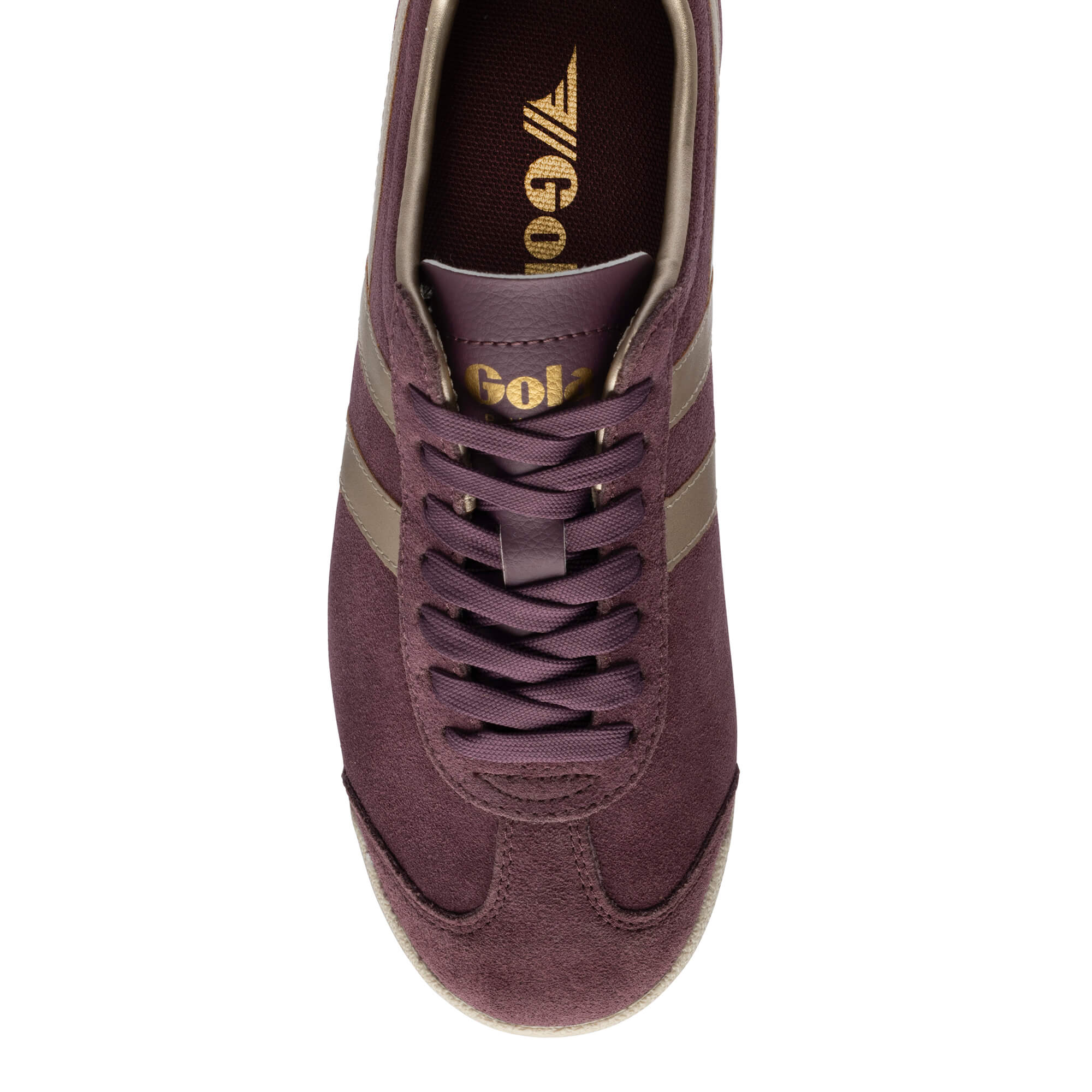 Gola Harrier suede trainers in burgundy with gold stripes and laces