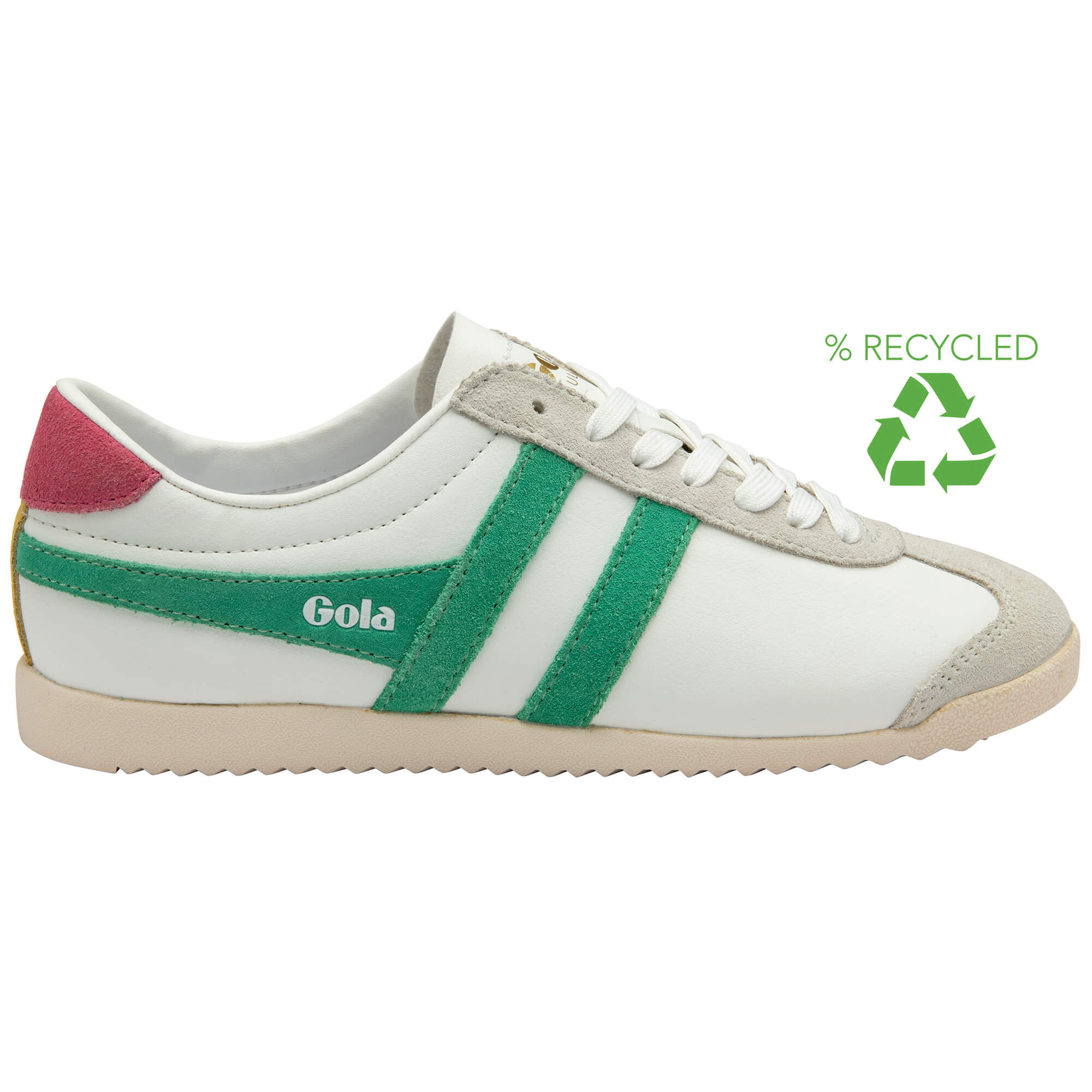 White Gola trainer with green stripes and a pink heel tab, with a recycled symbol