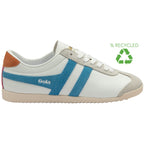 White Gola trainer with blue stripes and a brown heel tab, with a green recycled logo
