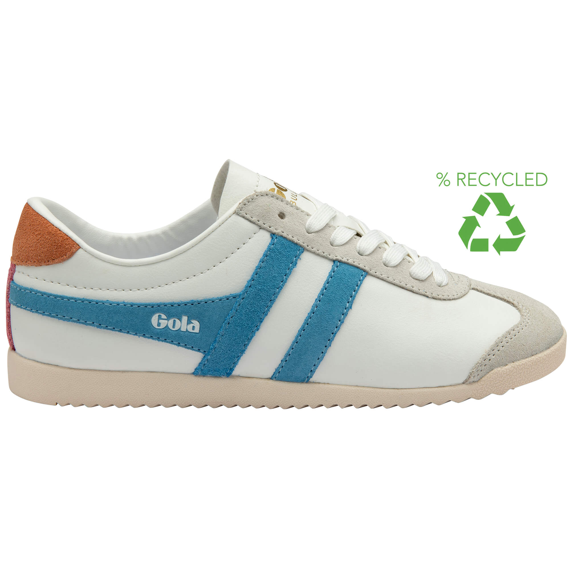White Gola trainer with blue stripes and a brown heel tab, with a green recycled logo