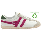 White Gola trainer with pink stripes and a green heel tab, with a recycled logo