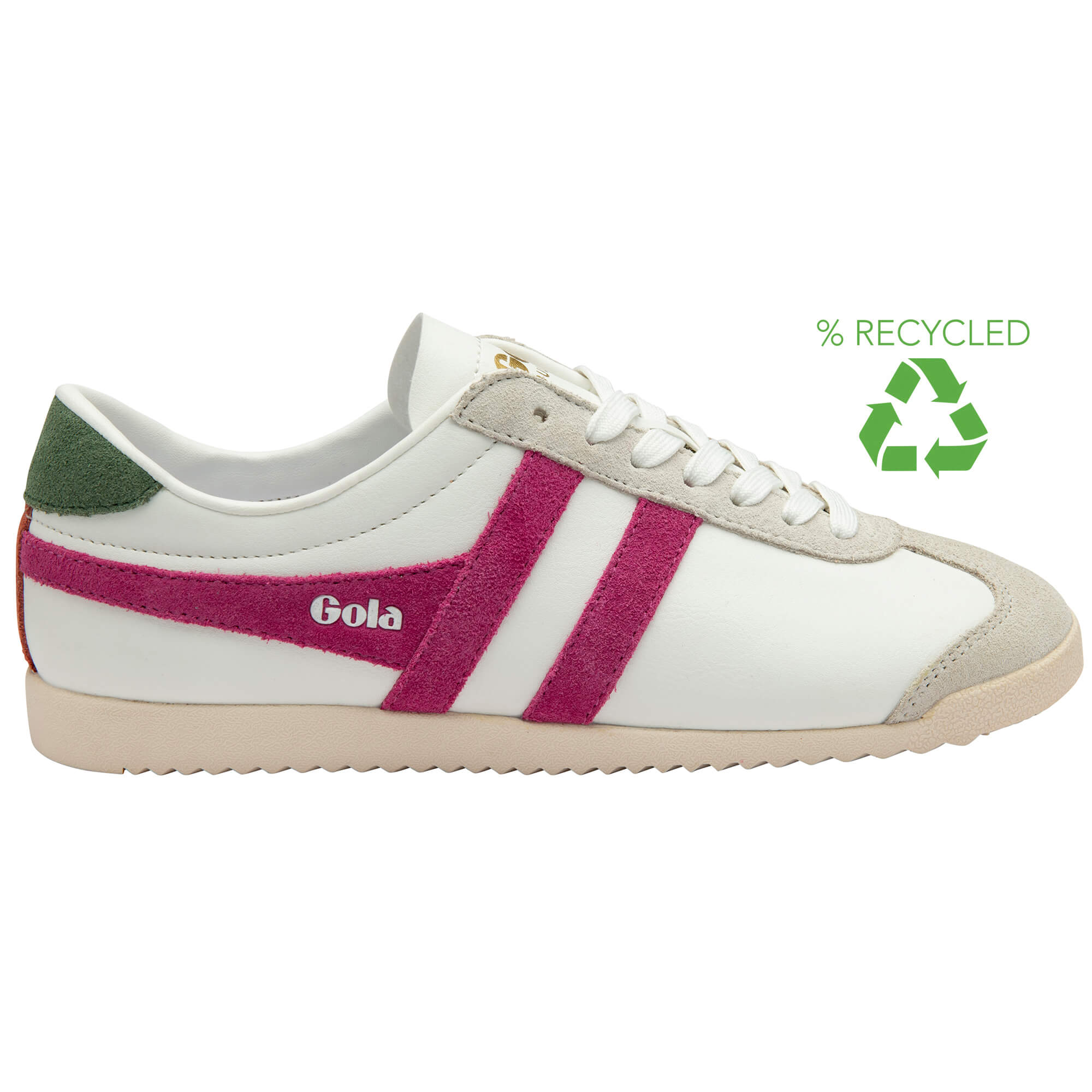 White Gola trainer with pink stripes and a green heel tab, with a recycled logo