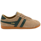 Gola Harrier suede trainer in tan with dark green stripes and a gum sole