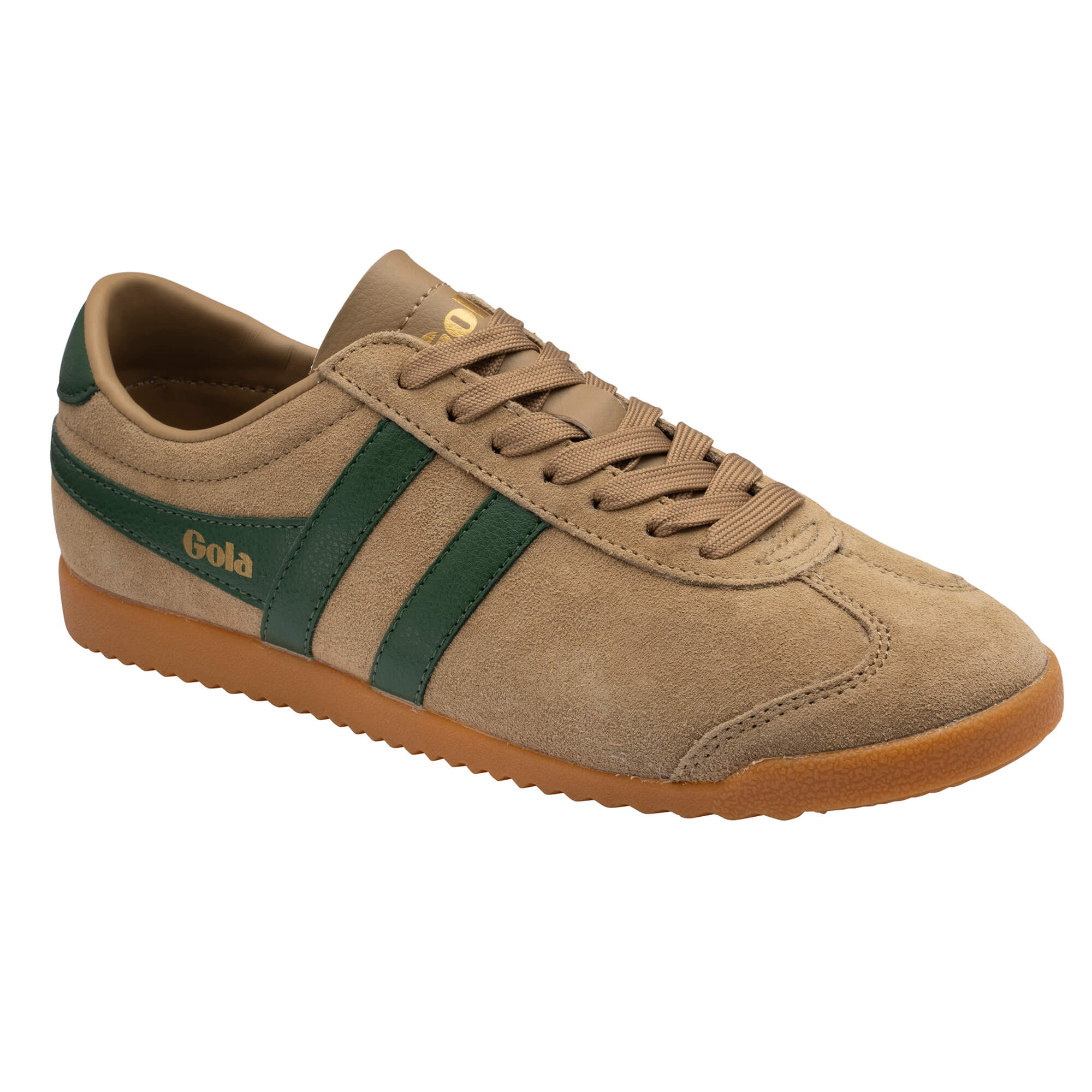 Gola Harrier suede trainers in khaki with green stripes and a gum sole