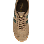Top-down view of a Gola Harrier trainer in tan suede with dark green stripes and laces