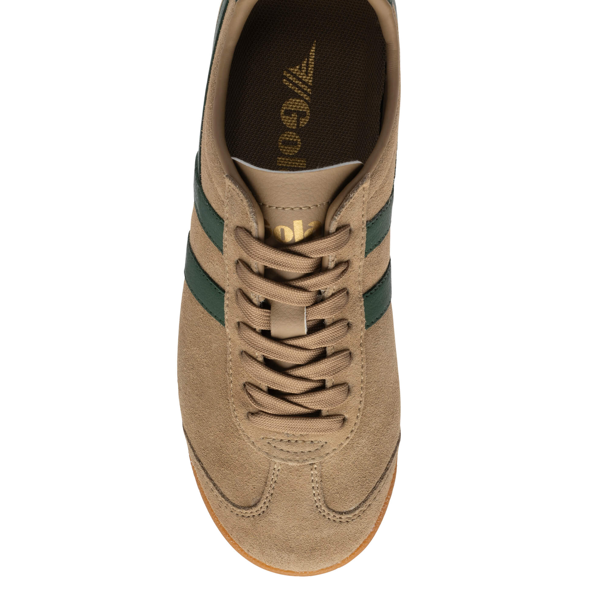 Top-down view of a Gola Harrier trainer in tan suede with dark green stripes and laces