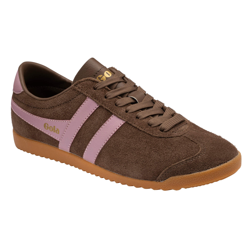 Brown suede Gola trainer with pink stripes and gum sole