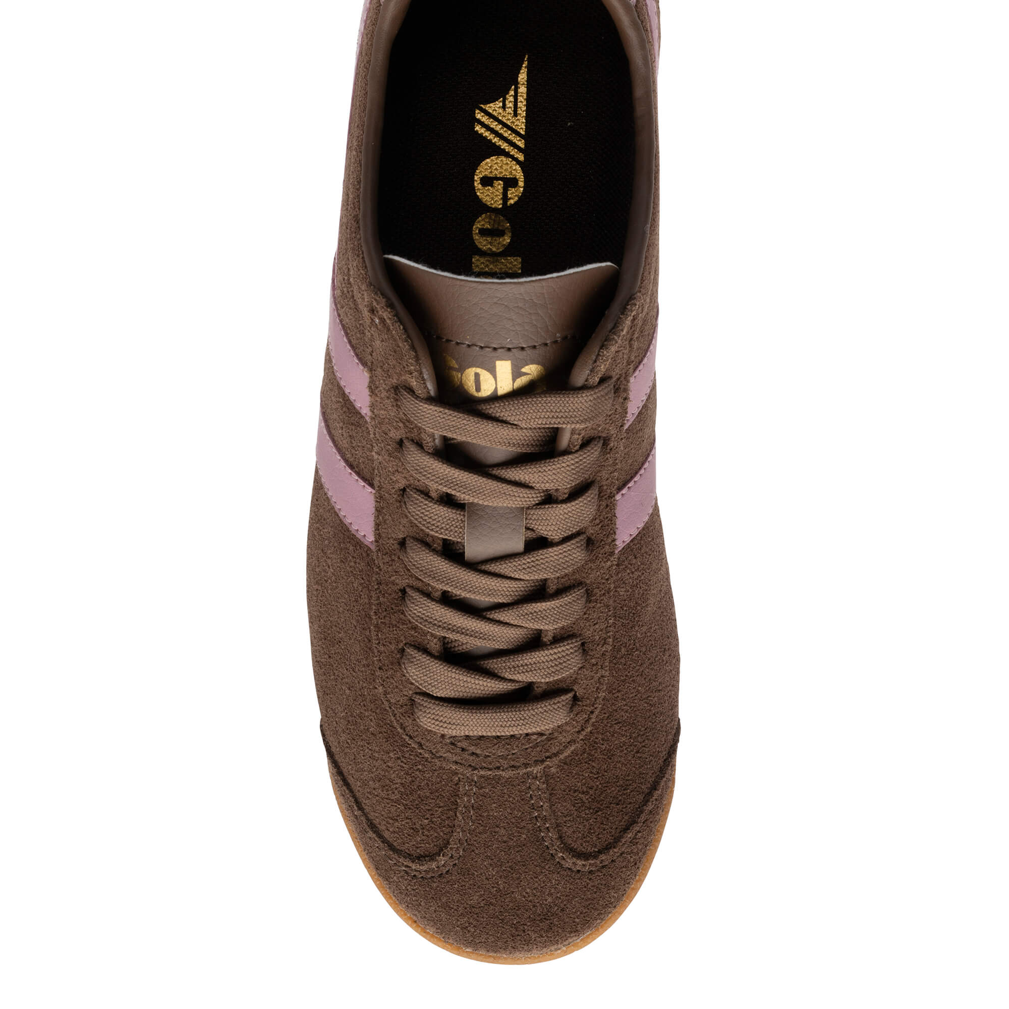 Brown suede trainer with pink stripes and brown laces
