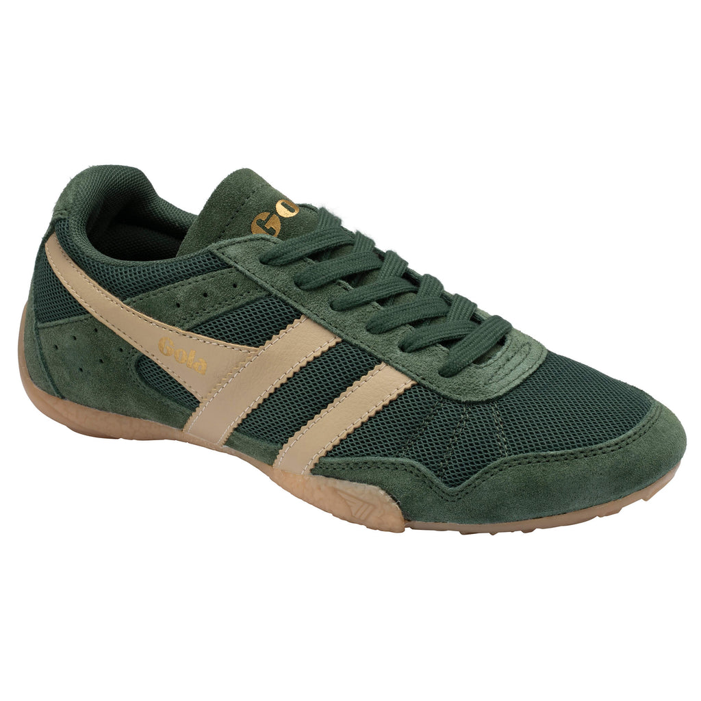 Gola Harrier trainer in dark green suede and mesh with tan stripes and gum sole