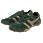 Pair of Gola Harrier trainers in dark green with tan stripes and gum soles