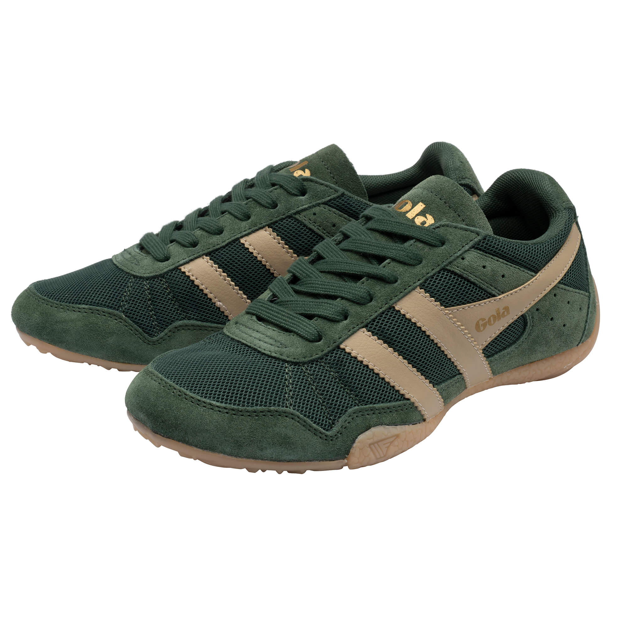 Pair of Gola Harrier trainers in dark green with tan stripes and gum soles