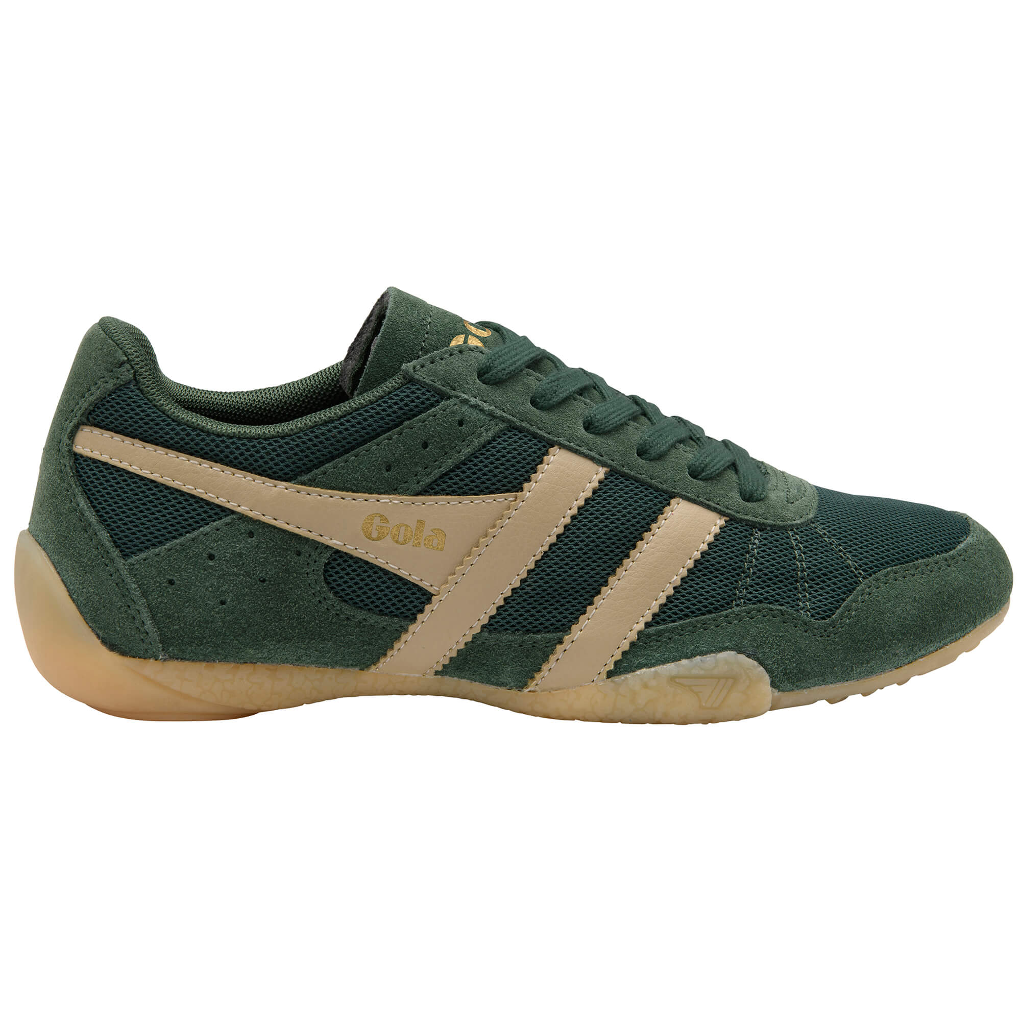 Gola Harrier trainer in dark green suede and mesh with beige stripes and gum sole