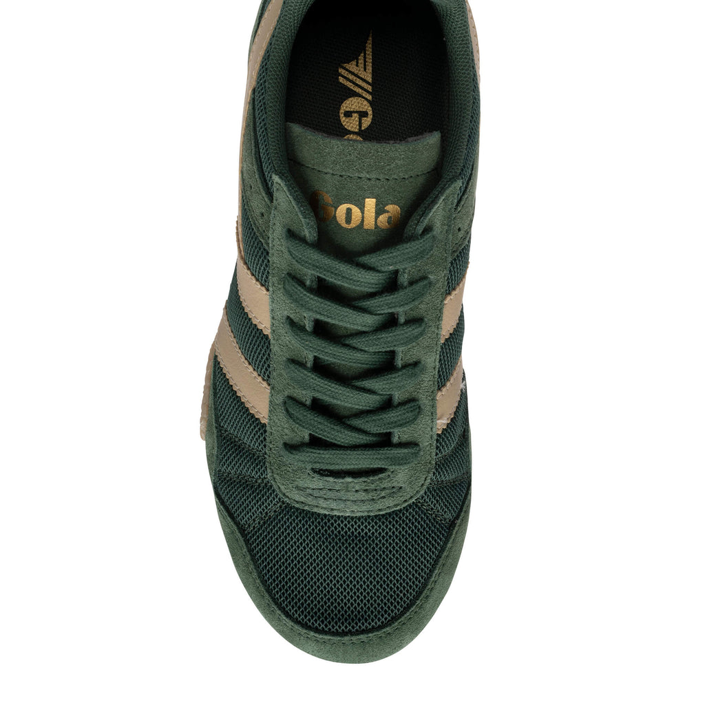 Top-down view of a dark green Gola trainer with tan stripes and laces