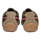 Pair of khaki and pink trainers, rear view