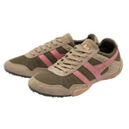 Pair of Gola Harrier trainers in khaki green mesh with beige suede trim and pink stripes