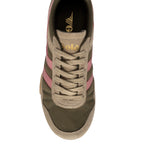 Top-down view of a Gola trainer in khaki and pink