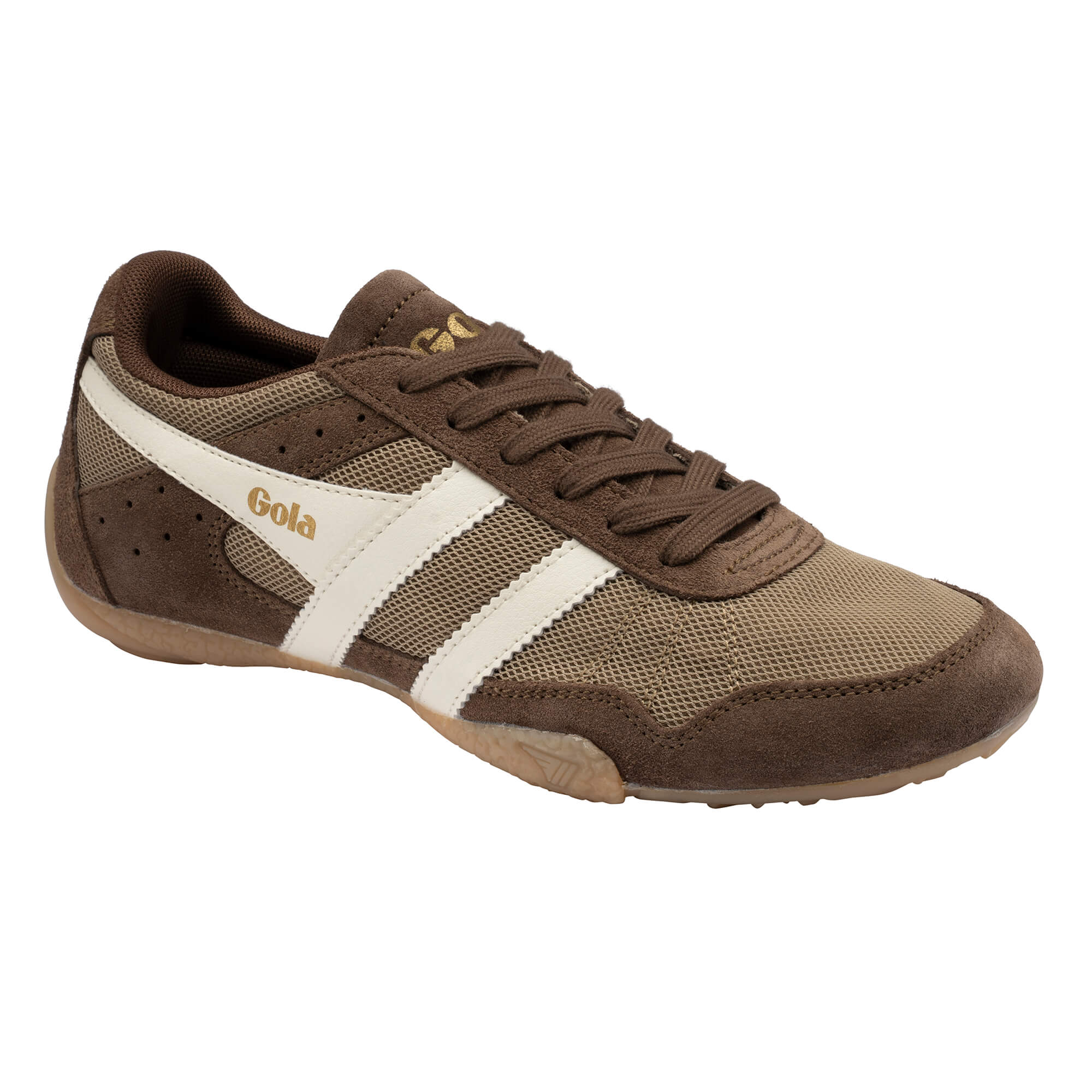Brown Gola trainer with cream stripes and gold Gola branding