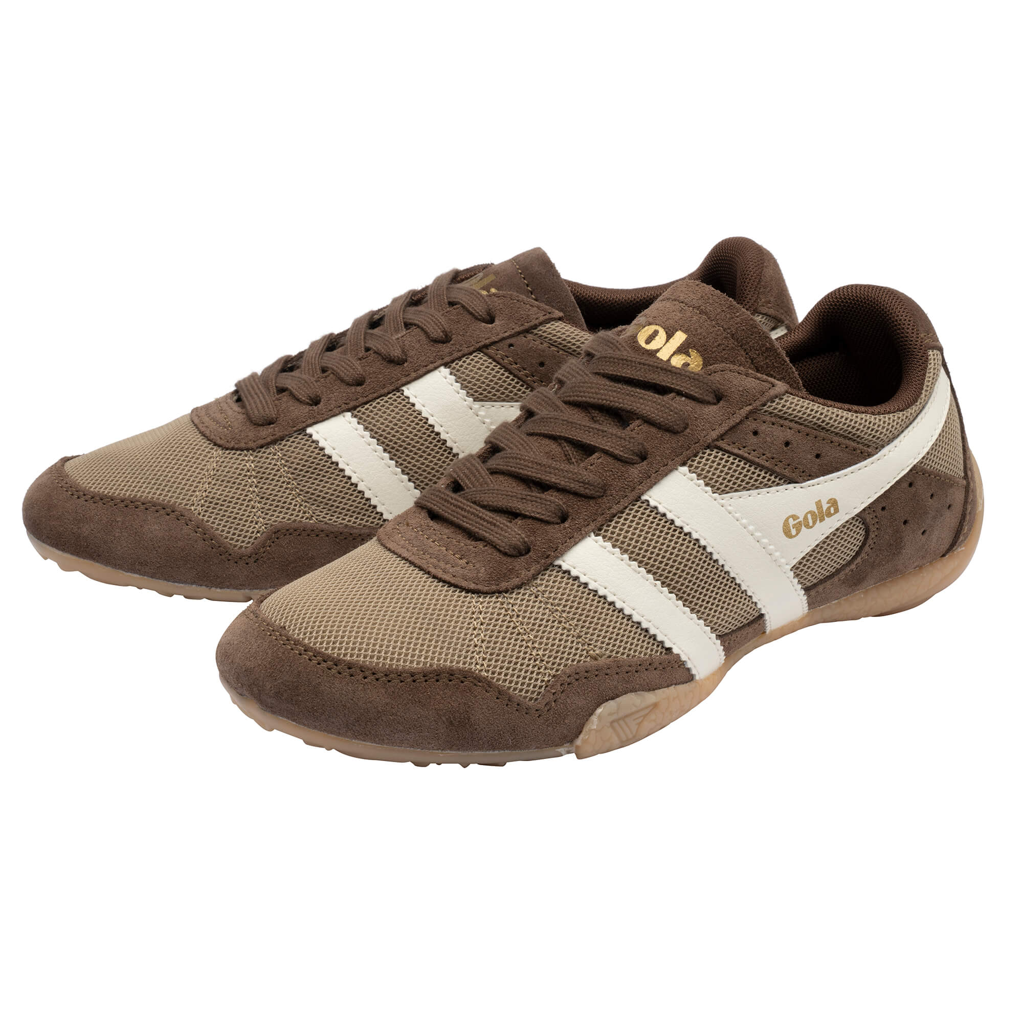 Pair of Gola Harrier trainers in brown suede and mesh with white stripes and gold branding