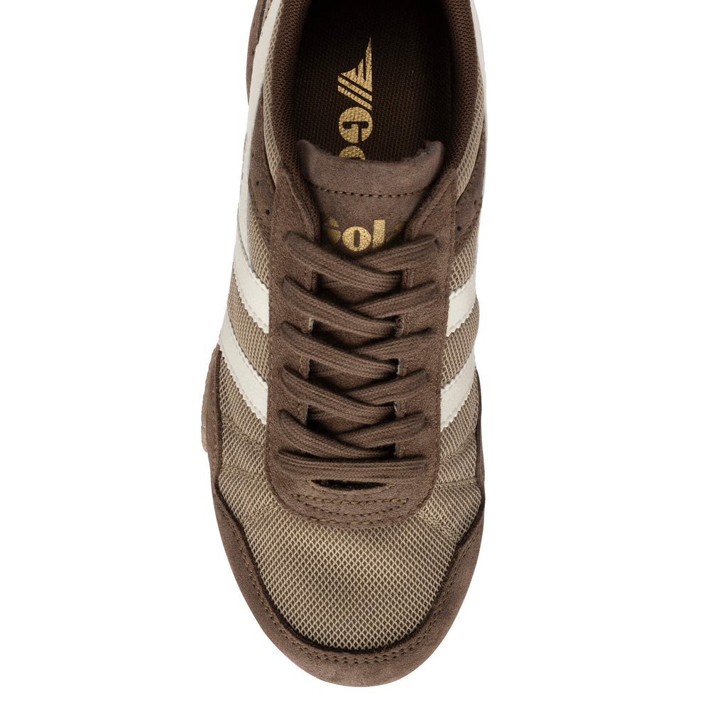 Brown and beige Gola trainer with white stripes and brown laces