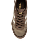 Brown and beige Gola trainer with white stripes and brown laces