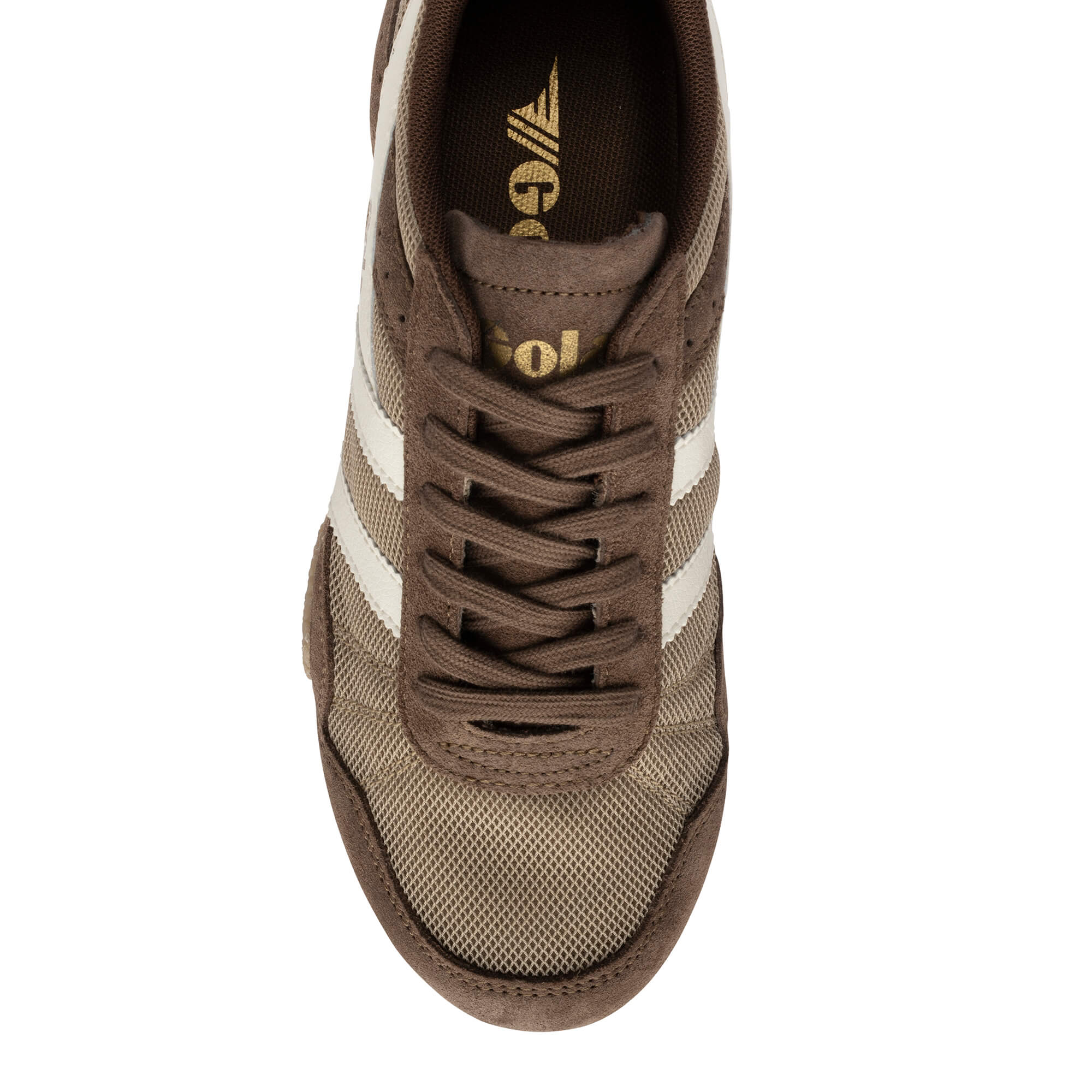 Brown and beige Gola trainer with white stripes and brown laces