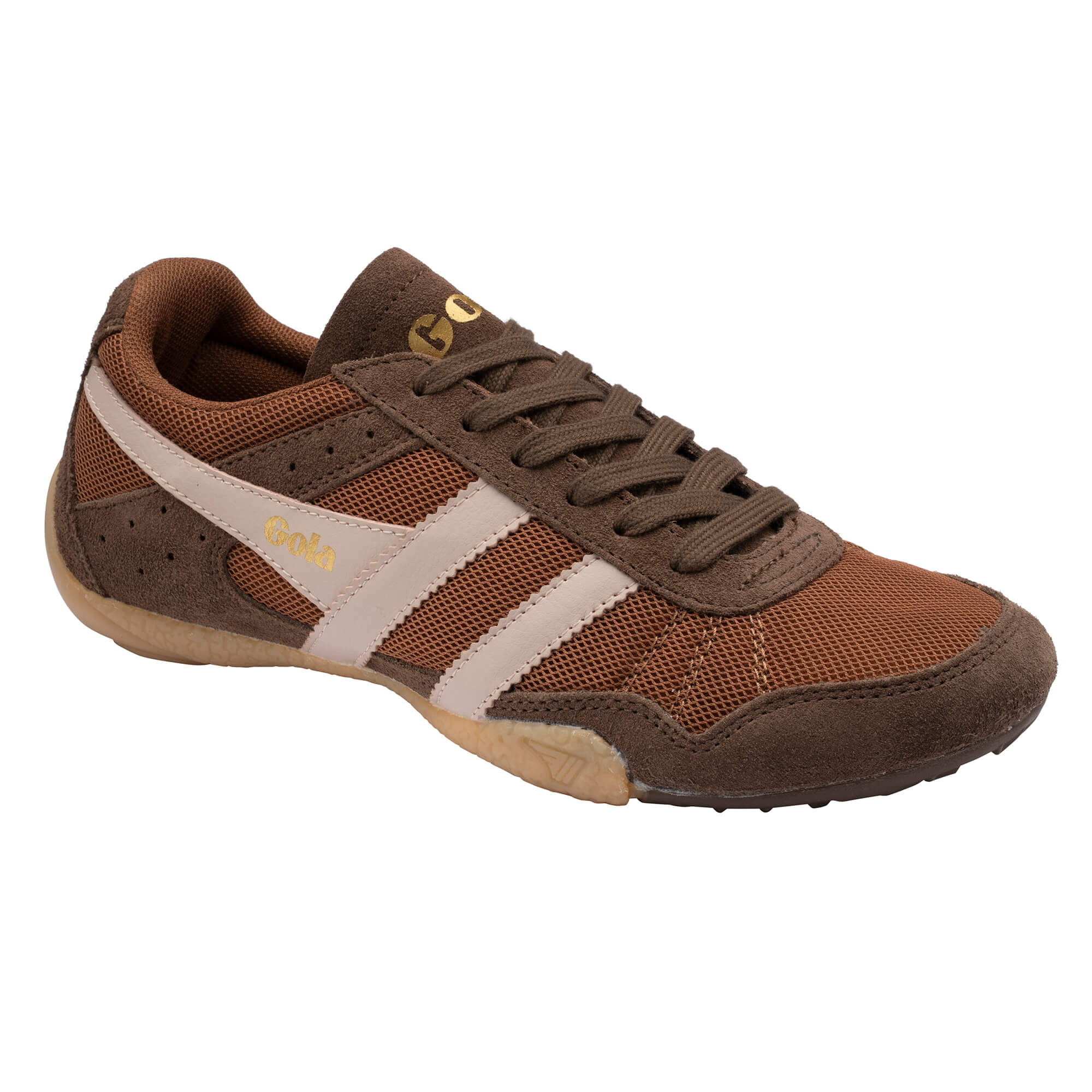 Brown Gola Harrier trainer with beige stripes and gold Gola branding