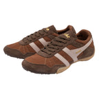 Pair of Gola Harrier trainers in brown mesh and suede with cream stripes and gold branding