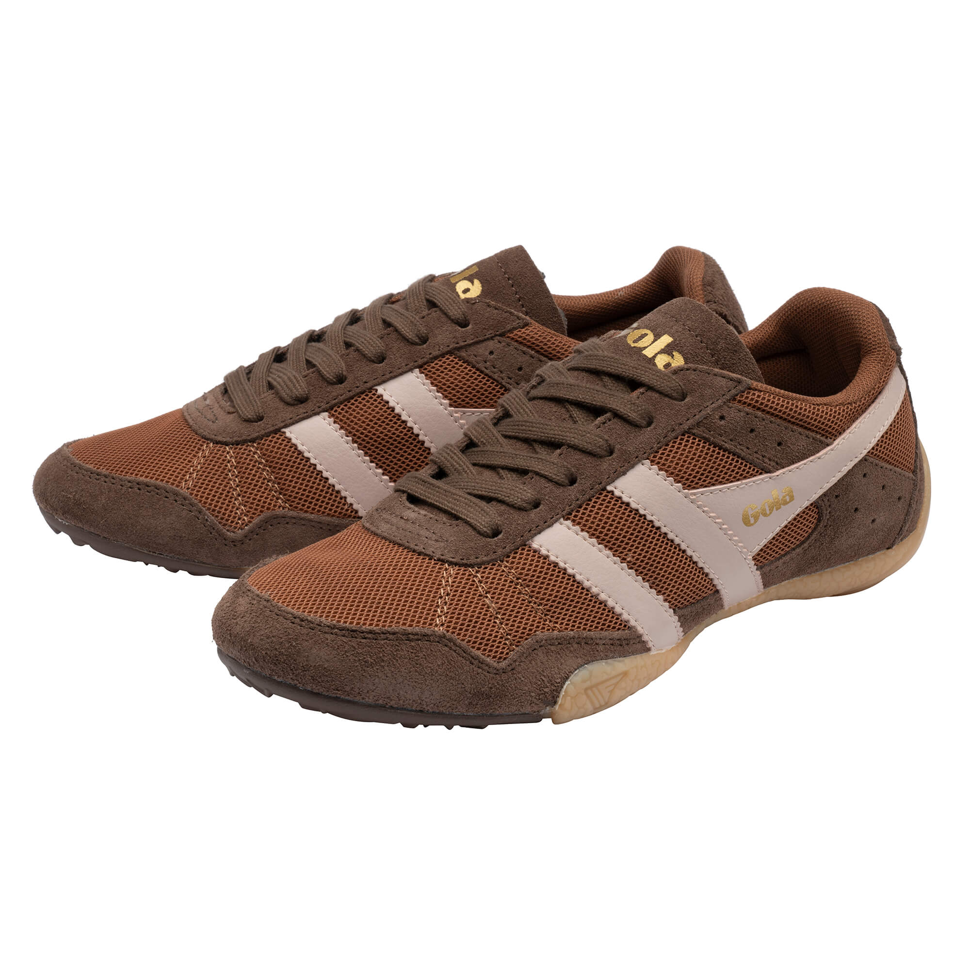 Pair of Gola Harrier trainers in brown mesh and suede with cream stripes and gold branding