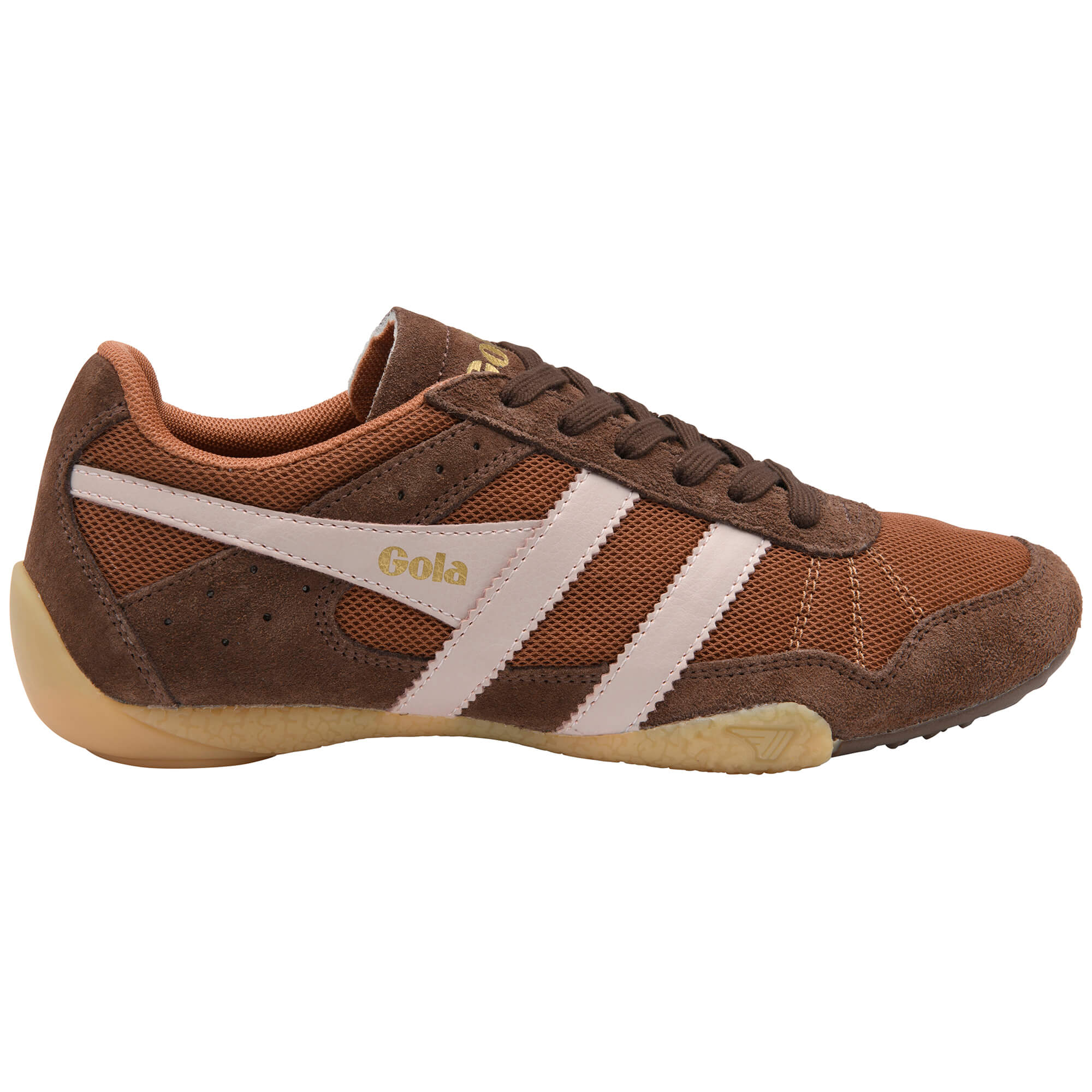 Gola Harrier trainer in brown suede and mesh with light pink stripes and gum sole