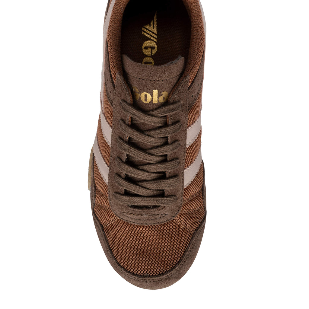 Top-down view of a brown Gola trainer with light brown stripes and laces