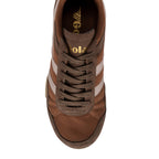 Top-down view of a brown Gola trainer with light brown stripes and laces