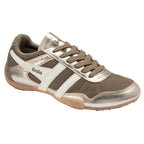 Gola women's trainer in metallic gold with white stripes and brown laces