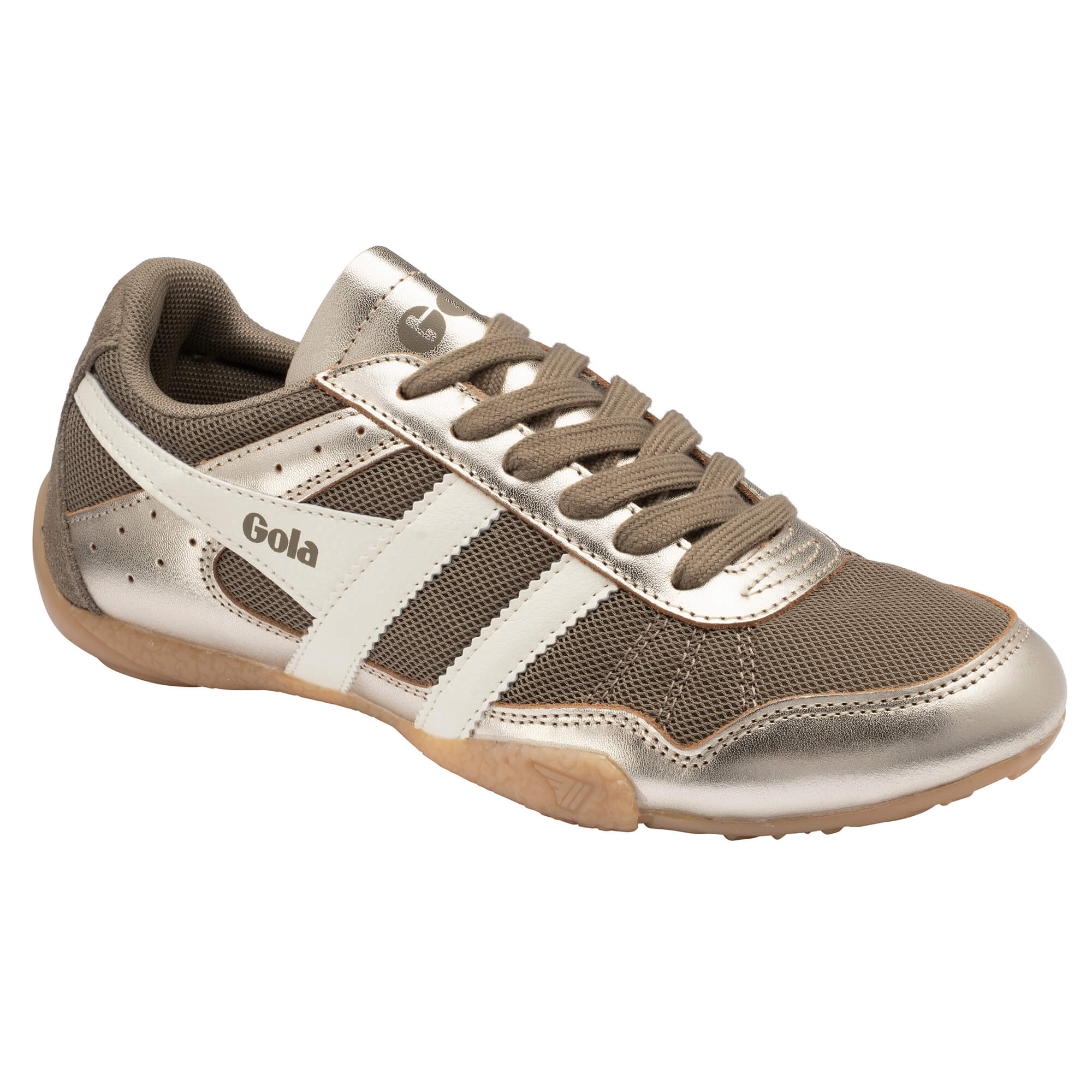 Gola women's trainer in metallic gold with white stripes and brown laces