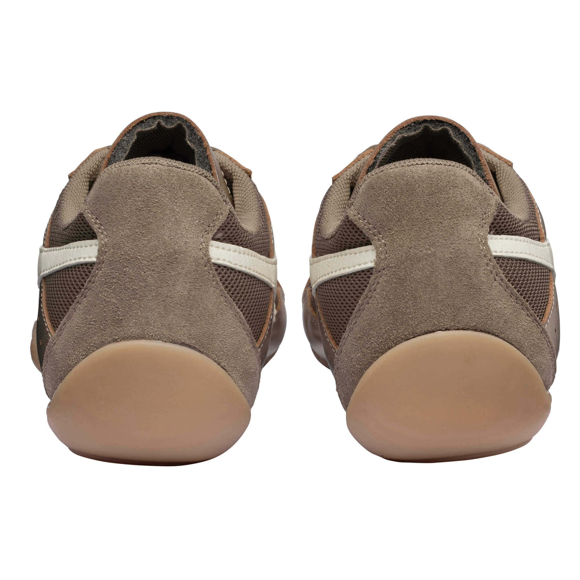 Pair of brown suede and mesh trainers with white stripes and tan soles, rear view