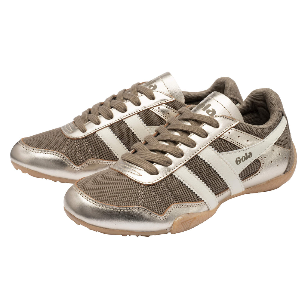 Pair of Gola trainers in metallic gold and olive green mesh with white stripes